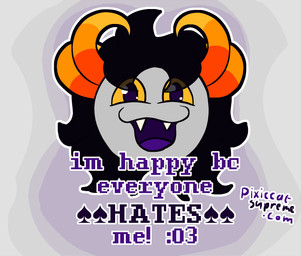 black_hair blood bodily_fluids colored_blood grey_body hair open_mouth open_smile purple_blood purple_eyes smile text unusual_blood unusual_bodily_fluids yellow_sclera pixiecatsupreme homestuck ms_paint_adventures clakat_asicor alien arthropod insect troll_(homestuck) english_text hi_res nonbinary_(lore)