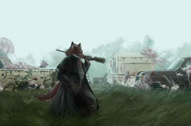 anthro bottomwear brown_body brown_fur cape car cheek_tuft clothed clothed_male clothing facial_tuft fog fully_clothed fully_clothed_male fur grass gun hand_in_pocket holding_gun holding_object holding_ranged_weapon holding_rifle holding_weapon inner_ear_fluff male male_anthro outside pants plant pockets ranged_weapon rifle solo_focus tail tree tuft vehicle wall_(structure) weapon white_body white_fur white_inner_ear_fluff zombie_apocalypse guyinvintageclothes canid canine canis mammal wolf 2023 absurd_res digital_media_(artwork) hi_res shaded signature