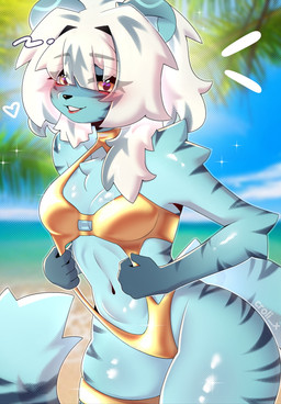 anthro belly big_butt bikini biped blue_body blush breasts butt clothed clothing female gold_bikini hair outside solo swimwear tail teeth thick_thighs two-piece_swimsuit wide_hips yellow_eyes croli_x tigra_(croli_x) felid mammal pantherine tiger absurd_res digital_media_(artwork) half-length_portrait hi_res portrait