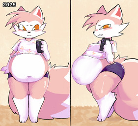 anthro belly clothing electronics female fur overweight phone pink_body pink_fur shirt solo topwear white_clothing white_shirt white_topwear yellow_eyes gummyfruitcup chikn_nuggit milkshek_(chikn_nuggit) canid canine fox mammal 2026 hi_res