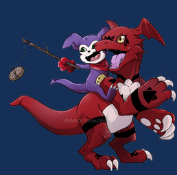 ambiguous_gender bread claws clothed clothing duo feral food green_eyes inverted_zero_unit kerchief markings neckerchief neckwear open_mouth riding simple_background smile symbol teeth tongue yellow_eyes zero_unit apocalymon_(artist) bandai_namco digimon digimon_(species) dinosaur guilmon impmon prehistoric_species reptile scalie theropod 2016 alpha_channel