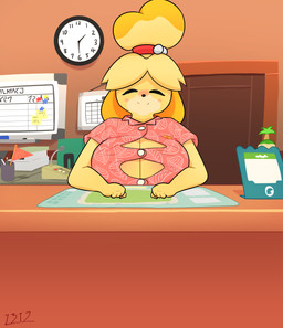 anthro big_breasts blush breasts clock clothed clothing female fur hair office solo wall_clock yellow_body yellow_fur i3i2455_ivi394 animal_crossing nintendo isabelle_(animal_crossing) canid canine canis domestic_dog mammal shih_tzu toy_dog 2022 absurd_res hi_res