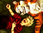 aged_up anthro blonde_hair clothed clothing countershading duo fully_clothed grin hair laugh male nude open_mouth shirt smile stripes teeth topwear atsumoto calvin_and_hobbes calvin_(calvin_and_hobbes) hobbes felid human mammal pantherine tiger 2007 lol_comments