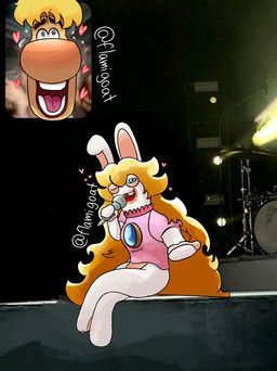 ambiguous_gender ambiguous_human anthro bent_arm big_nose blonde_hair blue_eyes bottomless bottomless_anthro bottomless_female breasts brown_eyebrows buckteeth clothed clothed_anthro clothed_female clothing conjoined_eyes crossed_legs drum drum_set electronics eyebrows featureless_legs female female_anthro female_focus group hair hand_pawpads heart_symbol hearts_around_head holding_microphone holding_object inside light long_ears long_hair looking_at_viewer male microphone mitten_hands multicolored_body musical_instrument noseless one_eye_closed pawpads percussion_instrument photo_background pink_clothing pink_shirt pink_tongue pink_topwear red_tongue shirt short_hair singing sitting sitting_on_stage small_breasts smile smiling_at_viewer stage tan_body tan_eyelids tan_inner_ear tan_pawpads tan_skin teeth text tongue topwear trio two_tone_body flamigoat fan_screaming_at_madison_beer_performance mario_bros mario_plus_rabbids_kingdom_battle nintendo raving_rabbids rayman_(series) ubisoft rabbid_peach rayman human humanoid lagomorph mammal rabbid raypeople_(rayman) 2024 artist_name colored crossover digital_drawing_(artwork) digital_media_(artwork) english_description hi_res lighting meme mixed_media multiple_scenes photography_(artwork) redraw shaded