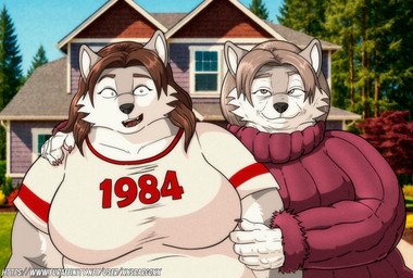 anthro before_and_after big_breasts breasts brown_hair building clothing duo female fur grass grey_body grey_fur hair house mature_anthro mature_female multicolored_body multicolored_fur open_mouth overweight overweight_anthro overweight_female plant shirt sweater teeth topwear tree two_tone_body two_tone_fur white_body white_fur wrinkles xxsparcoxx angela_lopez canid canine canis mammal wolf 2025 digital_media_(artwork) hi_res