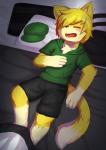 anthro bedding blanket blonde_hair blush bottomwear clothing fur hair hoodie lying male on_back open_mouth pillow shorts sleeping solo topwear yellow_body yellow_fur young young_anthro young_male kake0078 domestic_cat felid feline felis mammal absurd_res hi_res