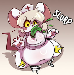 anthro belly big_belly big_breasts blonde_hair blush breasts clothed clothing eyelashes female fur hair hat headgear headwear looking_confused navel nurse_clothing nurse_hat nurse_headwear nurse_uniform pawpads round_ears sitting slightly_chubby slime slime_inflation slurping solo spread_legs spreading tail uniform vore white_body white_fur yellow_sclera kaiser_grr terrible_mouse lorna_(terrible_mouse) goo_creature mammal mouse murid murine rodent hi_res