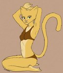 anthro bra breasts clothing countershading eyebrows female female_anthro fur hands_behind_head kneeling looking_at_viewer navel painted_underwear plantigrade side_view simple_background small_breasts smile solo tail underwear yellow_body yellow_fur johndoe8771 bethesda_game_studios microsoft prequel_adventure the_elder_scrolls katia_managan felid feline khajiit mammal colored digital_drawing_(artwork) digital_media_(artwork) hi_res