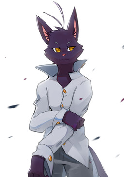 4_fingers anthro biped bottomwear button_(fastener) cheek_tuft closed_smile clothed clothed_anthro clothed_male clothing collared_shirt eyebrows facial_tuft fingers fur grey_bottomwear grey_clothing grey_eyebrows grey_pants holding_arm long_sleeve_shirt looking_aside male male_anthro motion_blur mouth_closed pants pink_inner_ear pink_nose pointy_ears purple_body purple_fur purple_tail shirt simple_background smile solo tail topwear tuft white_background white_clothing white_shirt white_topwear yellow_eyes smite_(artist) morenatsu shin_(morenatsu) domestic_cat felid feline felis mammal 2025 digital_media_(artwork) hi_res