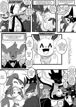 7_panel_comic answer anthro beak big_butt biped black_body black_text breasts butt butt_slap chest_spike closed_smile clothed clothing dialogue ellipsis exclamation_point eyebrows eyelashes eyes_closed female feral fingers fire fur gloges group holding_another hug hugging_another kerchief looking_at_another male mask motion_lines mouth_closed neck_tuft one_eye_closed open_mouth open_smile pawpads paws pupils question question_mark questions_and_answers shadow sharp_teeth slap smile speech_bubble spikes spikes_(anatomy) standing talking_to_another teeth text text_box tongue tuft white_sclera wings heavenlyproductions mario_bros nintendo pokemon mario dewott eevee generation_1_pokemon generation_4_pokemon generation_5_pokemon generation_6_pokemon generation_7_pokemon generation_9_pokemon human lucario lycanroc mammal mega_charizard mega_charizard_x mega_evolution meowscarada midnight_lycanroc pokemon_(species) quaquaval shinx 2025 absurd_res comic english_text hi_res monochrome signature
