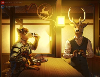 alcohol alcohol_bottle anthro antlers armor beer beverage beverage_bottle bottle brown_body brown_eyes brown_fur canine_tail chainmail clothing collared_shirt container dress_shirt food fur fur_armor glass gloves green_eyes grey_body grey_fur group handwear horn jewelry ko-fi_logo leather leather_armor male markings necklace patreon_logo plate red_body red_scales scales shirt spots spotted_body spotted_scales tail tavern text topwear trio vest conditional_dnp ratte ko-fi patreon charlie_(clorytetra) ellis_(clorytetra) zan'ar_(clorytetra) canid canine canis cervine deer fallow_deer kobold mammal scalie wolf url