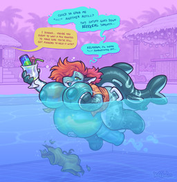 animal_genitalia animal_penis anthro anthro_to_inanimate beverage big_breasts blush bodily_fluids breasts clothing cum dialogue drunk equine_genitalia equine_penis genital_fluids genitals green_body gynomorph hair hand_on_breast handles_on_hips holding_beverage holding_object inanimate_transformation inflatable intersex nozzle_on_belly offscreen_character open_mouth outside palm_tree penis plant red_hair smile solo speech_bubble substance_intoxication swimming_pool tail text torn_clothing transformation tree water keffotin ashe_(triblu) animate_inanimate aquatic fish living_inflatable shark 2025 digital_media_(artwork) english_text hi_res nonbinary_(lore)