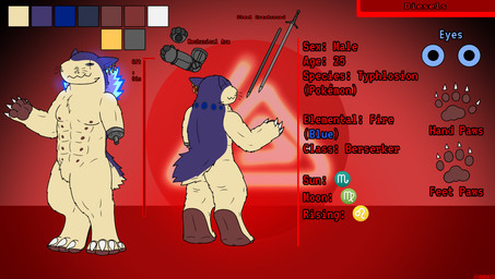 abs anthro blue_eyes claws color_swatch ear_piercing ear_ring facial_scar feet front_view greatsword handpaw hindpaw jewelry male mechanical_arm melee_weapon muscular muscular_anthro nipples nude paws piercing rear_view ring_piercing scar solo star_(symbol) sword toe_claws weapon anonymous_artist nintendo pokemon diesels generation_2_pokemon pokemon_(species) typhlosion digital_media_(artwork) hi_res model_sheet
