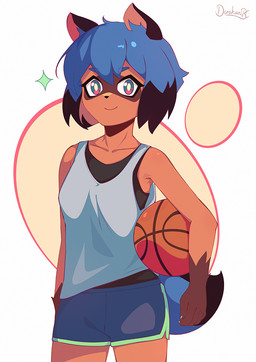 anthro athletic athletic_female basketball black_tail_tip blue_hair blue_tail clothing dipstick_tail female hair markings shirt smile solo tail tail_markings tank_top topwear darahan brand_new_animal studio_trigger michiru_kagemori canid canine mammal raccoon_dog tanuki