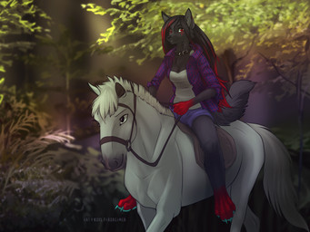 4_toes ambiguous_gender anthro barefoot black_body black_eyes black_fur black_hair black_nose blue_pawpads bottomwear breasts bridle claws clothed clothing collar detailed_background duo facial_markings feet female forest fur grey_body grey_fur hair head_markings holding_object leash leg_markings long_hair looking_at_viewer markings multicolored_hair nature on_top open_clothing open_shirt open_topwear outside pawpads paws plant red_eyes reins riding saddle shirt shorts sitting smile socks_(marking) spread_legs spreading straddling toes topwear tree two_tone_hair white_hair koul canid canine equid equine horse mammal 2013 4:3