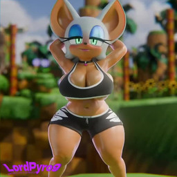 anthro big_breasts big_ears big_eyes black_bottomwear black_bra black_choker black_clothing black_jewelry black_necklace black_shorts black_sports_bra black_underwear blue_eyeshadow blurred_background bottomwear bouncing_breasts bra breast_jiggle breasts choker cleavage clothed clothing dancing eyelashes eyeshadow female front_view glistening glistening_body glistening_skin glowing glowing_eyes green_eyes green_hill_zone hands_behind_head jewelry jiggle_physics jiggling lips looking_at_viewer makeup midriff music navel necklace outside pink_lips shorts skindentation smile smiling_at_viewer solo sports_bra standing text thick_thighs underwear wide_hips lpyro9 sound_warning nottanj_(modeler) sega sonic_the_hedgehog_(series) rouge_the_bat bat mammal wingless_bat 1:1 3d_(artwork) 3d_animation animated digital_media_(artwork) short_playtime sound url video watermark