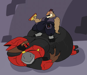 armor belly bloated duo feeding_another food hot_dog lying male male/male on_back overweight sitting sitting_on_another stuffing hojpoj4_(artist) halo_(series) microsoft xbox_game_studios alien humanoid ibie'shan kig-yar sangheili scalie