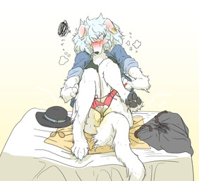 anthro blush bodily_fluids butt clothed clothing ear_piercing embarrassed female fur genital_fluids genitals hair half_naked hat headgear headwear omorashi peeing piercing solo tail underwear urine wetting yellow_eyes mttbsmn suoha borzoi canid canine canis domestic_dog hunting_dog mammal sighthound absurd_res hi_res
