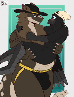 anthro beak beanie beanie_only belly bridal_carry brown_body brown_fur bulge carrying_another carrying_partner clothed clothing cowboy_hat detailed_bulge duo eye_contact feathers fur hat hat_only headgear headgear_only headwear headwear_only jockstrap jockstrap_only looking_at_another male male/male mostly_nude overweight overweight_anthro overweight_male rattle_(anatomy) scales scuted_arms scuted_legs scutes tail tail_feathers topless underwear underwear_only ventral_scales nsfw_def fallout microsoft deky_(dekyboyo) frybreadwarrior avian bird canid canine canis corvid corvus_(genus) coyote crow hybrid mammal night_stalker_(fallout) oscine passerine reptile scalie snake hi_res
