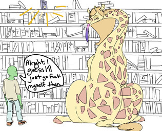 ?_face big_butt book bookshelf brown_hair butt dialogue duo female feral furniture green_eyes hair hooves horn huge_butt inside larger_female larger_feral library long_neck long_tongue male markings ossicone sitting size_difference slightly_chubby smaller_human smaller_male spots spotted_body teasing text tongue wide_hips nobby_(artist) anon paisley_(nobby) giraffe giraffid human mammal aliasing binary_drawing digital_drawing_(artwork) digital_media_(artwork) english_text hi_res