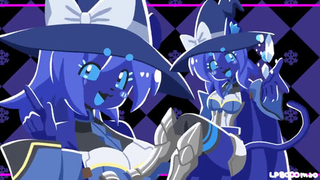 anthro armor blue_body blue_eyes blue_hair blush bouncing_breasts breasts clothing female finger_wag hair hat headgear headwear long_hair sitting smile solo witch_hat lp8000mao domestic_cat felid feline felis mammal 16:9 2d_animation animated motion_tweening no_sound short_playtime video widescreen