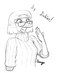 anthro bangs breasts catchphrase clothing dialogue exclamation_point eyewear female glasses hair interjection jinkies open_mouth raised_arm solo surprised_expression sweater text topwear orange_bongo cavemanon_studios goodbye_volcano_high hanna-barbera scooby-doo_(series) snoot_game naomi_(gvh) dinosaur hadrosaurid ornithischian ornithopod parasaurolophus prehistoric_species reptile scalie english_text half-length_portrait monochrome portrait