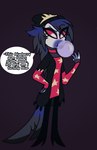 anthro avian blueberry_inflation changing_color clothed clothing coleman12345 confusion english_text female helluva_boss hi_res octavia_(helluva_boss) owl_demon solo speech_bubble text