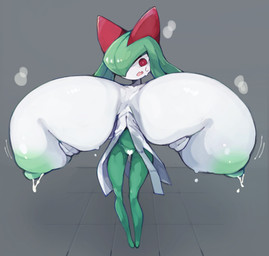 areola big_areola big_breasts big_nipples bodily_fluids breast_grab breasts breasts_apart clothing fangs featureless_feet feet female floor glistening glistening_breasts glistening_hair green_areola green_body green_hair green_nipples green_skin grey_background grey_floor hair hand_on_breast hand_on_own_breast heart_censor heart_symbol holding_breast huge_areola huge_breasts huge_nipples hyper hyper_breasts lactating legwear looking_at_breasts looking_at_own_breasts looking_at_self looking_down micro_calves milk motion_lines multicolored_body multicolored_skin nipples nude open_mouth pantyhose pseudo_clothing pupils red_eyes sagging_breasts short_hair simple_background solo standing steam sweat sweatdrop teeth thigh_gap thin_calves tile tile_floor two_tone_body two_tone_skin white_body white_pupils white_skin kemomoz nintendo pokemon generation_3_pokemon kirlia pokemon_(species) absurd_res censored hi_res