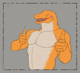 anthro claws finger_claws grey_background looking_at_viewer male markings muscular muscular_anthro muscular_male nude one_eye_closed open_mouth orange_body pecs pink_eyes pink_markings sharp_teeth simple_background solo star_(marking) teeth white_body white_claws wink winking_at_viewer aduran milo_(aduran) crocodile crocodilian reptile scalie 2022 absurd_res dated half-length_portrait hi_res portrait signature sketch