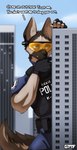 anthro bottomwear building city clothing cloud dialogue female fingerless_gloves fur gloves handwear macro pants police police_officer police_uniform sky skyscraper solo uniform visor gasmaskfox roxie_(gasmaskfox) canid canine canis domestic_dog german_shepherd herding_dog mammal pastoral_dog 2022 absurd_res digital_media_(artwork) hi_res watermark