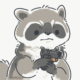biped black_eyes black_nose chibi dot_eyes feral grey_body gun ranged_weapon simple_background simple_eyes solo weapon white_body yencatx mammal procyonid raccoon 1:1 2022