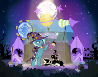 accessory bow_(feature) bow_accessory bow_ribbon broom cape centered_hair_bow cleaning_tool clothing collar cutie_mark duo female feral fireworks glowing green_eyes hair hair_accessory hair_bow hair_ribbon half-closed_eyes hat hay headgear headwear horn levitation magic moon multicolored_hair narrowed_eyes night outside paint purple_eyes ribbons sky sparkles stage star starry_sky tail two_tone_hair wizard_hat pixelkitties friendship_is_magic hasbro my_little_pony mythology opalescence_(mlp) trixie_(mlp) domestic_cat equid equine felid feline felis mammal mythological_creature mythological_equine unicorn
