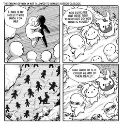 2_horns 4_panel_comic ambiguous_gender ambiguous_humanoid antlers arms_bent asking asking_another bald beard black_eyes blush blush_lines bodily_fluids border dialogue dot_eyes facial_hair featureless_crotch featureless_feet featureless_hands feet female female_humanoid furrowed_brow furrowed_eyebrows grass grey_beard grey_facial_hair grey_hair group hair hole_(pit) horn husband_and_wife looking_at_another looking_up male male_humanoid married_couple nervous nervous_smile nervous_sweat no_eyebrows noseless nude nude_ambiguous nude_female nude_humanoid nude_male open_mouth plant queen question rock royalty shielding_eyes short_hair simple_eyes speech_bubble standing sweat sweaty_face text triangle_mouth white_antlers white_body white_border white_hair white_horn white_mouth yelling_at_another gaelfox junji_ito_(copyright) the_enigma_of_amigara_fault demon_prince_babbus gael_(gaelfox) demon demon_humanoid horned_humanoid humanoid 1:1 2021 artist_name comic digital_media_(artwork) english_description english_text greyscale hi_res monochrome