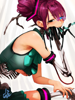 blood bodily_fluids bone bottomwear breasts clothing crop_top female female_humanoid horror_(theme) looking_at_viewer machine magenta_hair rib_cage robotic scary sharp_teeth shirt simple_background sitting skirt solo teeth topwear white_back hylran calne_ca humanoid mammal monster monstrous_humanoid robot robot_humanoid undead 3:4 absurd_res hi_res