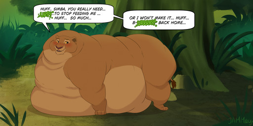 4_toes all_fours blue_eyes blush brown_nose brown_tail_tuft day dialogue eyebrows feet female feral forest fur half-closed_eyes hyper_obese immobile jungle morbidly_obese morbidly_obese_female morbidly_obese_feral narrowed_eyes nude obese obese_female obese_feral open_mouth outside overweight overweight_female overweight_feral paws plant shrub solo speech_bubble tail tail_tuft text toes tree tuft chubbyjam disney the_lion_king nala_(the_lion_king) felid lion mammal pantherine 2026 english_text hi_res signature