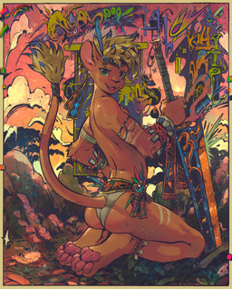 accessory adolescent anthro bottomwear bubble_butt butt clothed clothing cute_fangs detailed_background fangs feet fur green_eyes hair headband jewelry kemono loincloth looking_at_viewer male melee_weapon orange_body orange_fur outside pawpads paws skimpy slim slim_anthro slim_male solo sword tail teeth underwear weapon wristband young young_anthro young_male moonshen felid lion mammal pantherine hi_res