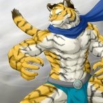 abs anthro belt biceps big_muscles bottomwear clothing flexing fur loincloth male muscular muscular_anthro muscular_male pecs pose scarf solo stripes tail yellow_eyes wildheit felid mammal pantherine tiger 1:1