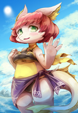 4_fingers anthro bangs bare_shoulders bikini black_bikini black_clothing black_swimwear breasts cheek_tuft claws clothed clothing cloud countershade_torso countershading day facial_tuft fangs female fin fingers fur green_eyes hair inner_ear_fluff kemono looking_at_viewer multicolored_body multicolored_fur non-mammal_breasts open_mouth outside pink_tongue red_hair sarong short_hair sky smile solo sun swimwear tail tail_fin teeth tongue tuft two-piece_swimsuit under_boob water white_body white_fur white_tail yellow_body yellow_countershading yellow_fur g_(artist) mythology dragon furred_dragon furred_scalie mythological_creature mythological_scalie scalie hi_res