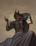 anthro bed bed_sheet bedding cigarette eyes_closed furniture hair lying male nipples nude pillow smoke smoke_from_nose smoking smoking_cigarette solo bra1neater dominic_(dim333) canid canine canis dobermann domestic_dog mammal pinscher 2022 digital_media_(artwork) hi_res portrait