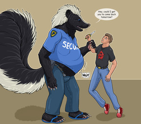 abdominal_bulge anarchy_symbol anthro anthro_pred arm_grab belly belt big_belly big_tail black_body black_fur calling_for_help claws clothed clothing dialogue duo footwear fully_clothed fully_inside fur human_prey knife male male_pred restrained sandals shoes simple_background speech_bubble tail tan_background text text_on_clothing vore white_body white_fur strega striper_(strega) human mammal mephitid skunk english_text hi_res
