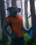 5_fingers anthro black_body black_fur black_nose brown_eyes clothed clothing day detailed_background fingers forest fur grass male outside plant solo tree aurru canid canine canis domestic_dog hunting_dog irish_wolfhound mammal sighthound 2020 digital_media_(artwork)