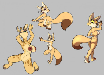 anthro breasts butt cloven_hooves duo female front_view genitals gesture grey_background hand_gesture hooved_plantigrade hooved_toes hooves looking_at_viewer looking_down nipples plantigrade pointing presenting presenting_vulva rear_view simple_background spots standing vulva siroc farah_(siroc) kiravi_nzambe canid canine fennec_fox fox giraffe giraffid mammal true_fox 2017 multiple_images