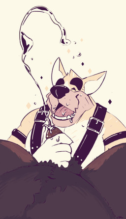 anthro belly belly_hair big_belly black_harness black_nose black_pubes bodily_fluids body_hair cum cumshot duo ejaculation erection eyes_closed front_view fur genital_fluids genitals glans handjob harness head_tuft male male/male open_mouth overweight overweight_anthro overweight_male penile penis pubes sex simple_background solo_focus tuft white_body white_fur yellow_body yellow_fur chocolateandmilk richard_(chocolateandmilk) canid canine canis domestic_dog mammal absurd_res hi_res