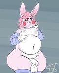 anthro balls belly belly_overhang chubby_girly clothing femboy foreskin genitals gloves handwear leggings legwear male moob_squish moobs moobs_grab nipples overweight overweight_male penis saggy_balls sleeves solo thick_thighs wide_hips nightsome may_(uassault) lagomorph leporid mammal rabbit tagme