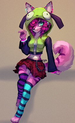 4_toes accessory anthro bottomwear bow_ribbon breasts clothing cropped_hoodie ear_piercing ear_ring ear_stud feet female fur glowstick green_eyes hair hair_accessory hair_bow hair_over_eye hair_ribbon hood_up hoodie legwear looking_at_viewer navel pattern_clothing pattern_legwear pattern_thigh_highs piercing pink_hair ribbons ring_piercing sitting skirt skull_accessory skull_symbol solo sparklefur striped_body striped_clothing striped_fur striped_hair striped_legwear striped_thigh_highs stripes thigh_highs toes topwear kolae invader_zim nickelodeon gir_(invader_zim) razzleberry_(dansharkman) canid canine canis domestic_dog mammal 2024 digital_drawing_(artwork) digital_media_(artwork) english_description hi_res