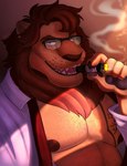 anthro body_hair chest_hair cigar clothed clothing exposed_chest eyewear fur glasses hair looking_at_viewer male mane muscular muscular_anthro muscular_male nipples open_mouth pawpads pecs shirt simple_background smoke solo tattoo topwear unbuttoned_shirt whiskers thediyemi beastars ibuki_(beastars) felid lion mammal pantherine hi_res