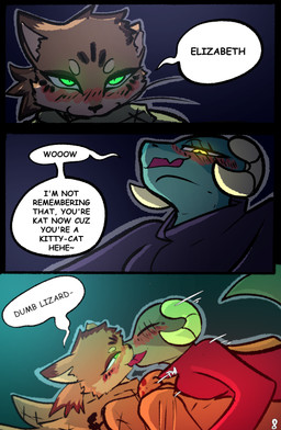 anthro blush clothed clothing dialogue drunk duo female female/female fur green_eyes hair horn kissing speech_bubble substance_intoxication text yellow_eyes brradett kat_(irresistable) lernie_(brradett) felid feline mammal scalie absurd_res comic english_text hi_res