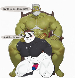 anthro armpit_hair barazoku beard black_body black_fur blue_eyes body_hair brown_hair chest_tuft dialogue erection facial_hair fur genitals glans good_boy green_body hair hairy kneeling male markings multicolored_body multicolored_fur muscular muscular_male mustache nipples nude pecs penis petting purple_eyes romantic romantic_couple smile spots spotted_body spotted_fur text tuft white_body white_fur toito_uwu azure_(pupblueslut) torug_(pupblueslut) bear giant_panda mammal orc 2025 english_text hi_res