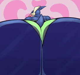 against_surface anthro big_butt blue_body butt butt_focus clothed clothing eyes_closed female huge_butt hyper hyper_butt lingerie making_faces on_glass overweight overweight_anthro overweight_female panties partially_clothed solo squish taunting teasing tongue tongue_out underwear lexodynaro nintendo pokemon aelia_(lexodynaro) amphibian frog generation_6_pokemon greninja pokemon_(species) 2022 digital_drawing_(artwork) digital_media_(artwork) hi_res