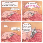 ambiguous_gender bed beverage book dialogue fur furniture green_eyes grey_body grey_fur inner_ear_fluff on_bed open_mouth pillow speech_bubble teeth text text_on_pillow tuft under_covers pocketss kenji_(pocketss) canid canine fox mammal red_fox silver_fox true_fox 2018 comic digital_media_(artwork) english_text